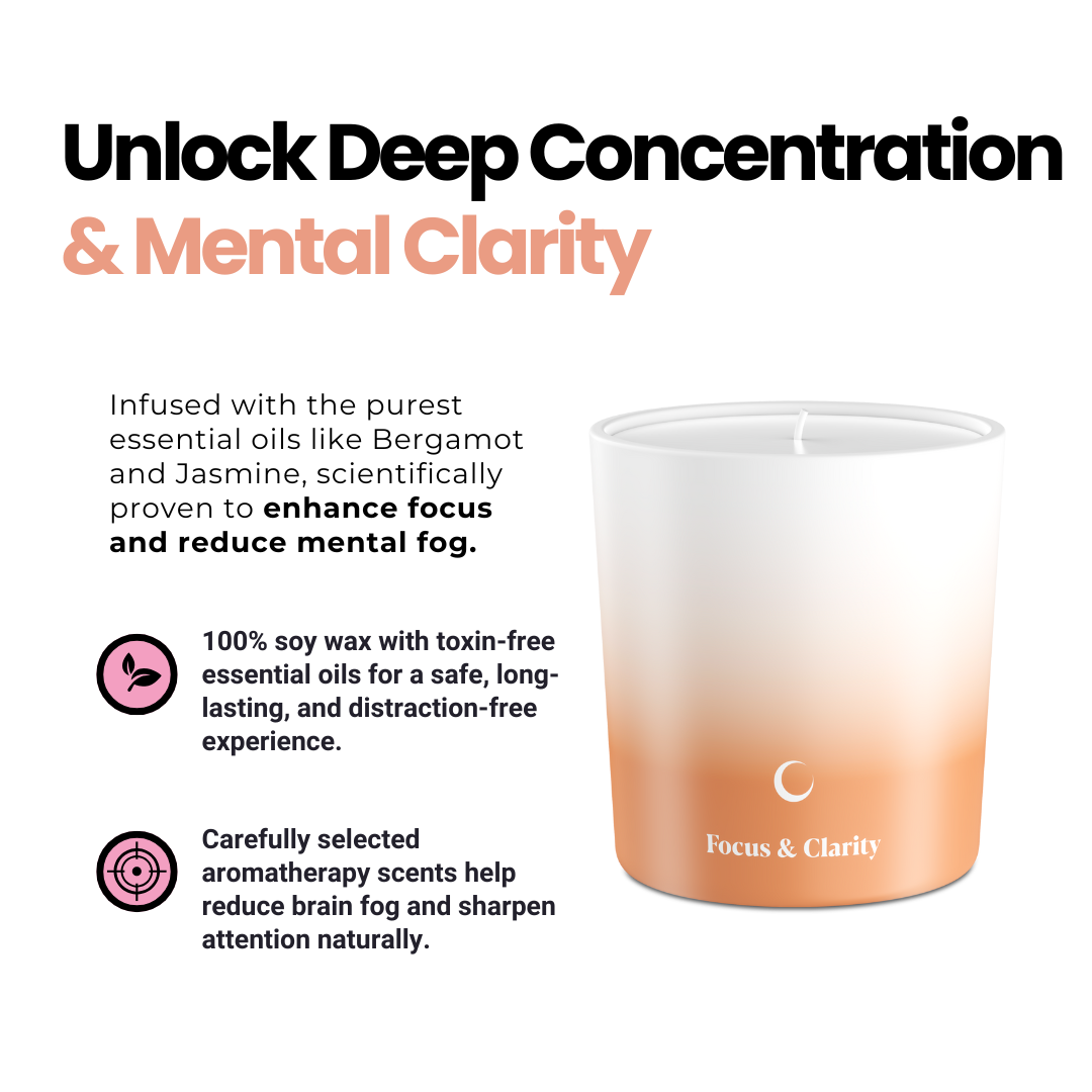 Soy wax aromatherapy candle for focus and productivity – infused with bergamot, jasmine, and mint for a refreshing, mind-clearing effect.