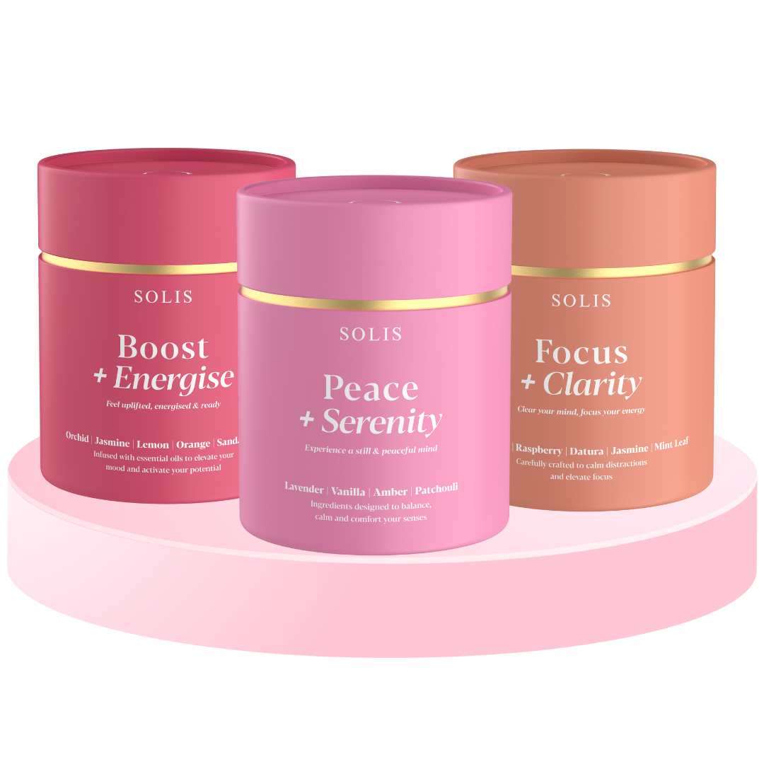 Ultimate Solis Candle Bundle – Aromatherapy candles for relaxation, energy, and focus, made with soy wax and essential oils.
