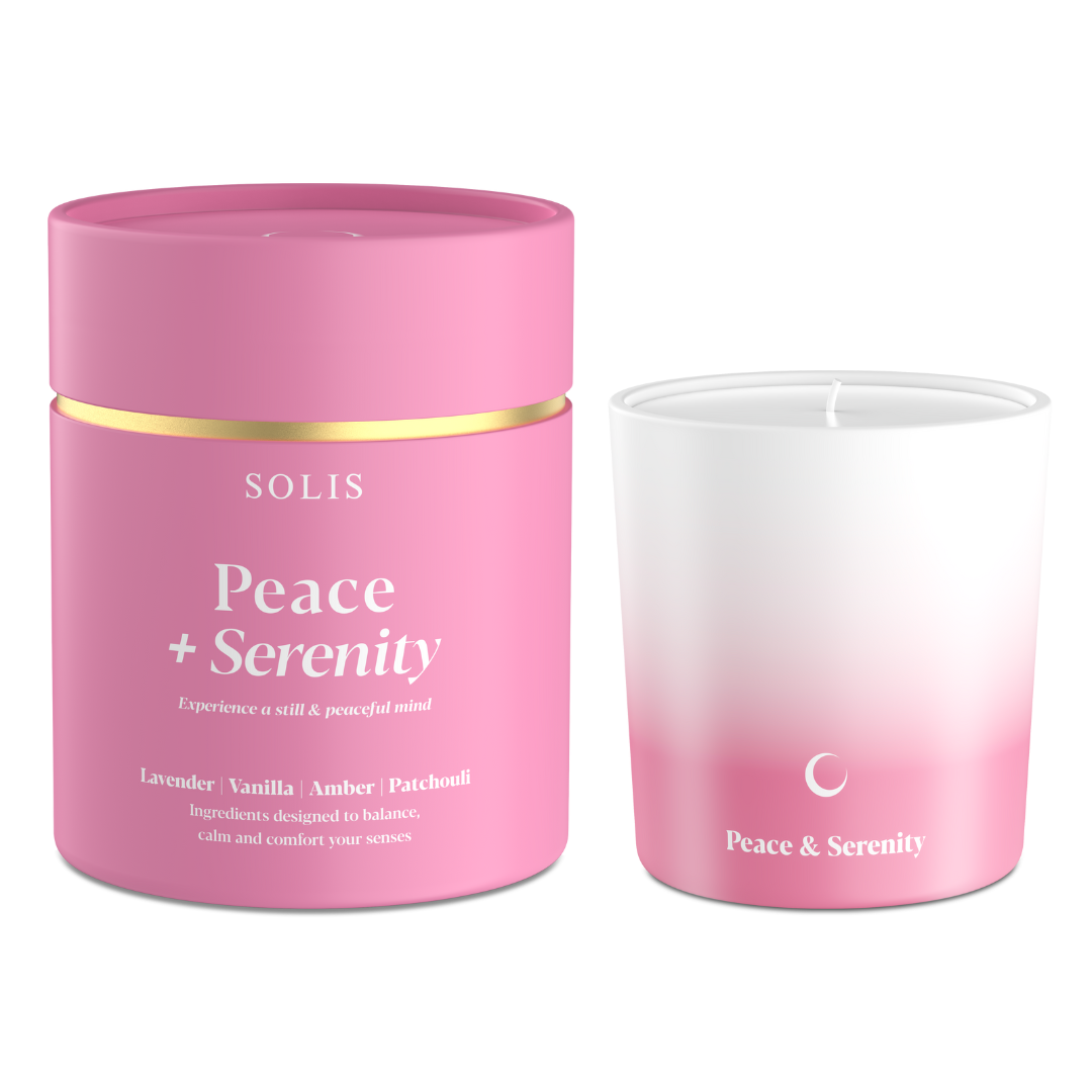 Peace & Serenity Candle with lavender and vanilla – crafted for stress relief, relaxation, and deep tranquility.
